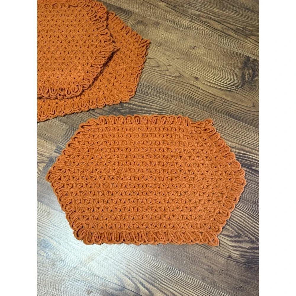 Vintage 70s Orange Brown (4) Handmade Crochet Placemats Granny MCM Flower Double